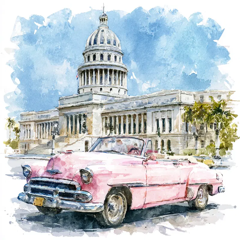 Watercolor Painting of a Classic Pink Convertible Car in Front of a Historic Capitol Building