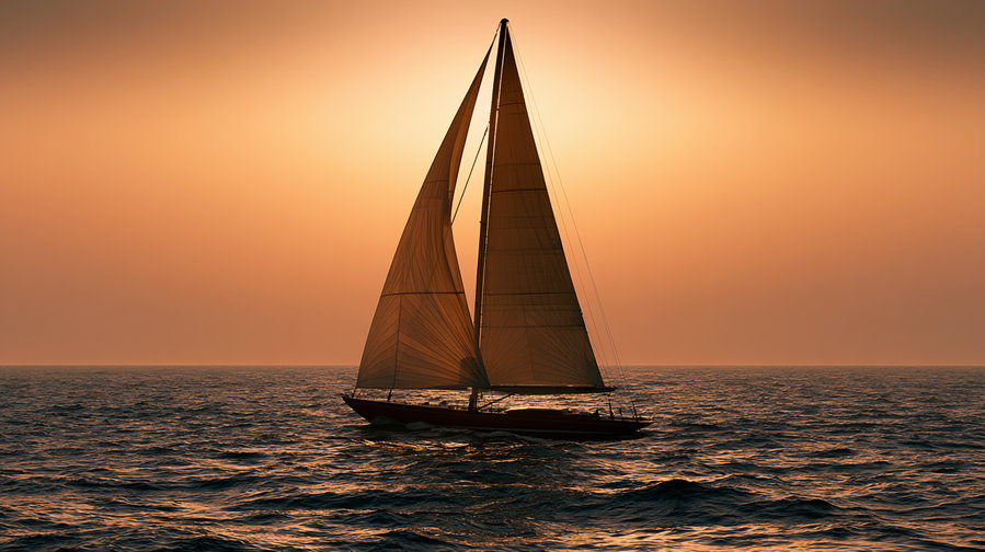 Sailboat with two sails sailing on the ocean during a warm orange sunset