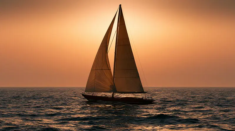 Sailboat gliding through calm ocean waters at sunset