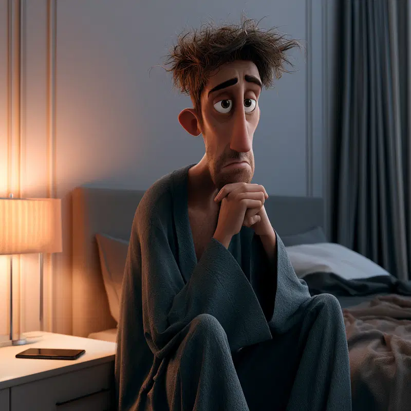 Stylized 3D Character Design of a Sleepy Man Sitting on Bed at Night