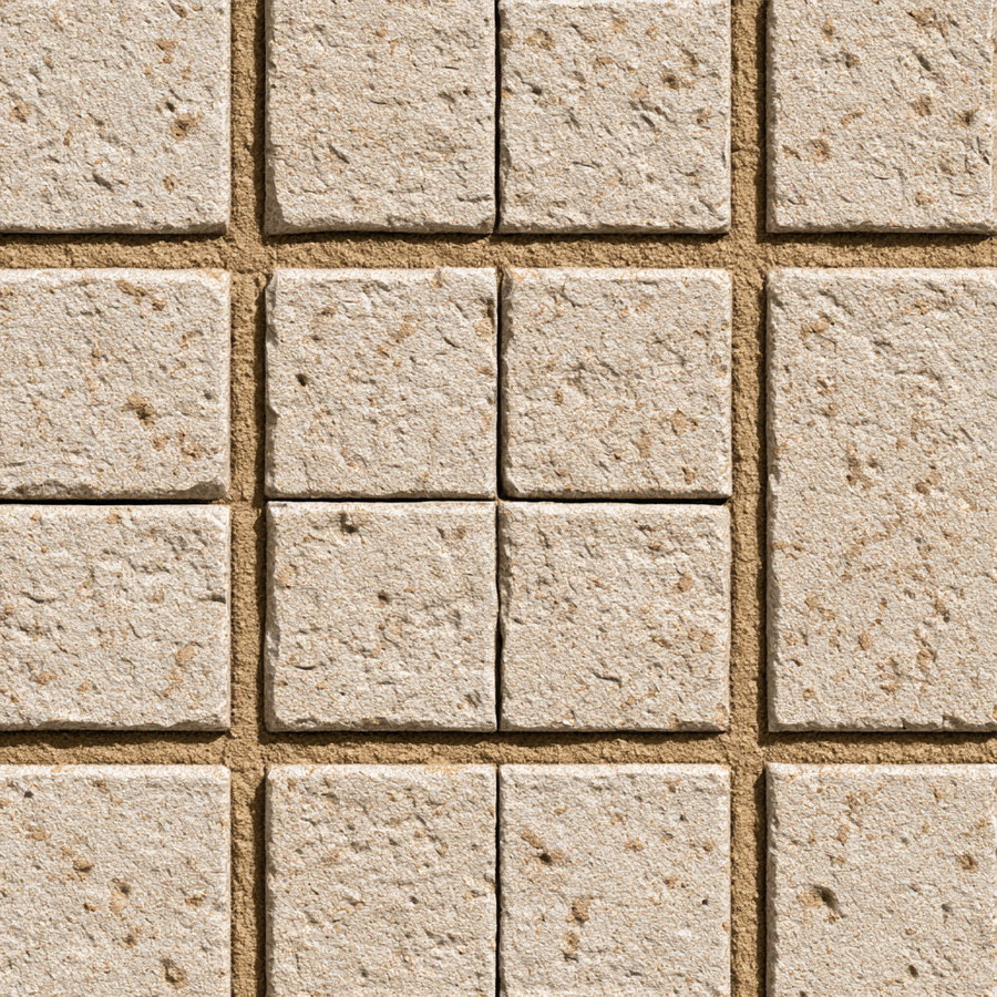 Beige textured square stone tiles arranged tightly with visible grout lines in a mosaic pattern