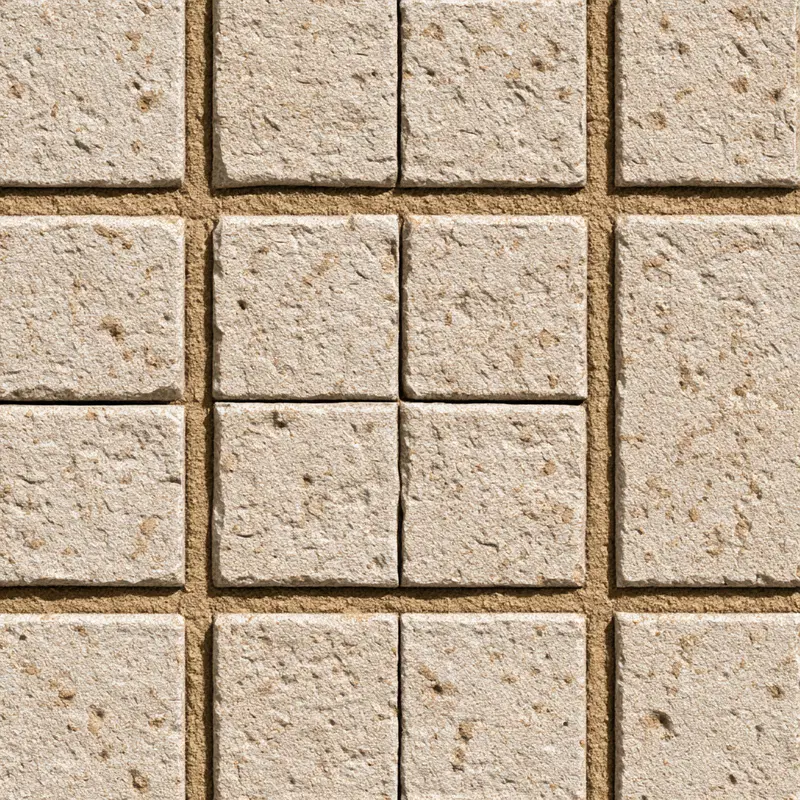 Close-up view of beige square stone tiles arranged in a mosaic pattern
