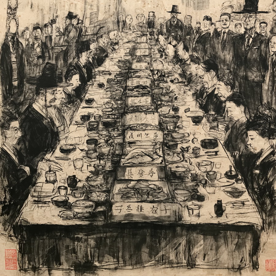 Black ink drawing depicting a long banquet table filled with various dishes and surrounded by people dressed in traditional and formal attire.