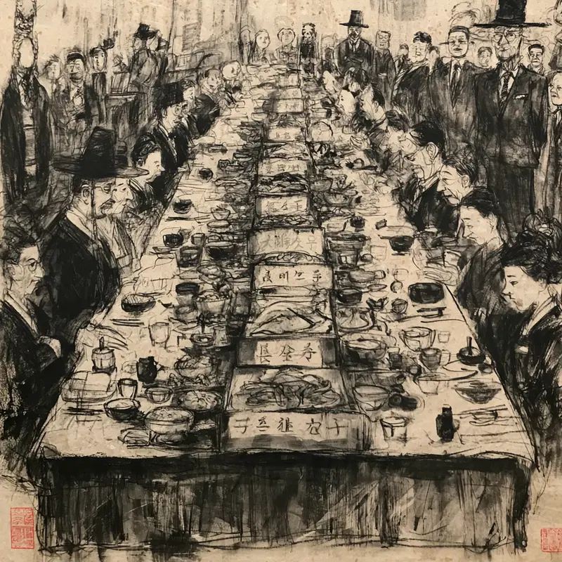 Traditional Chinese ink drawing of a formal banquet with numerous attendees