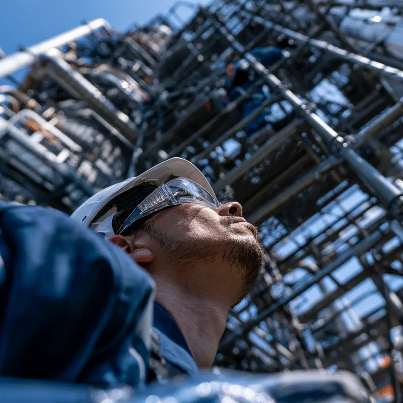Close-up of an industrial worker inspecting metal scaffolding outdoors