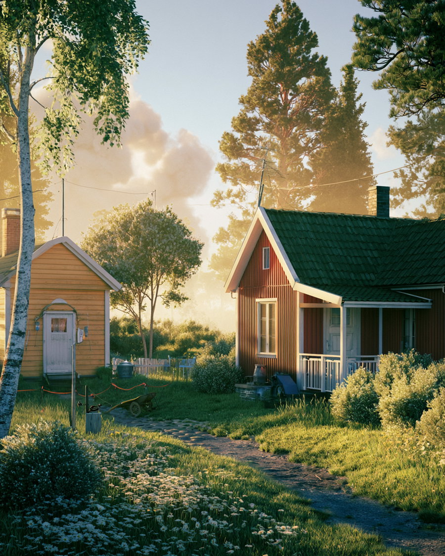 Two countryside houses near a garden path surrounded by trees and bushes with soft sunlight and clouds in the sky