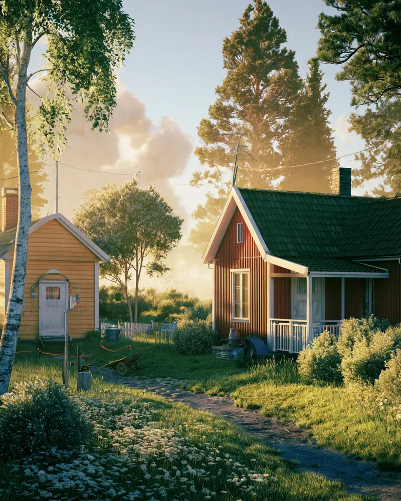 Peaceful architectural visualization of countryside houses at sunset