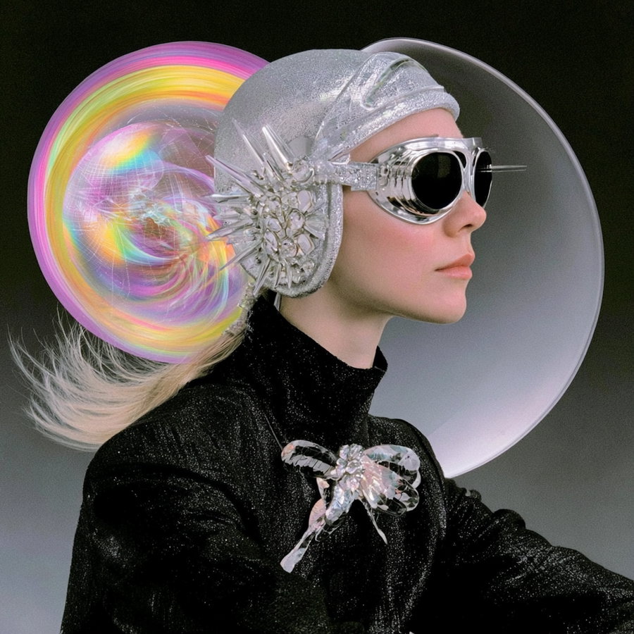 Profile of a woman wearing a glittery helmet with spikes, futuristic metallic goggles, and a black sparkly outfit with a crystal butterfly brooch, set against a dark background with colorful abstract circular elements behind her head