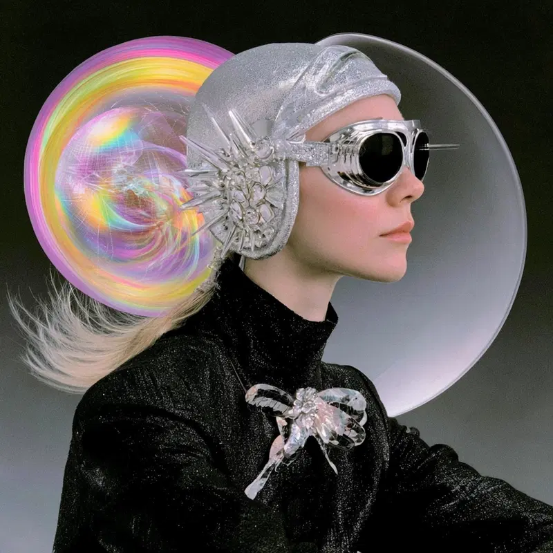 Futuristic artistic portrait of a woman with metallic accessories and abstract halo