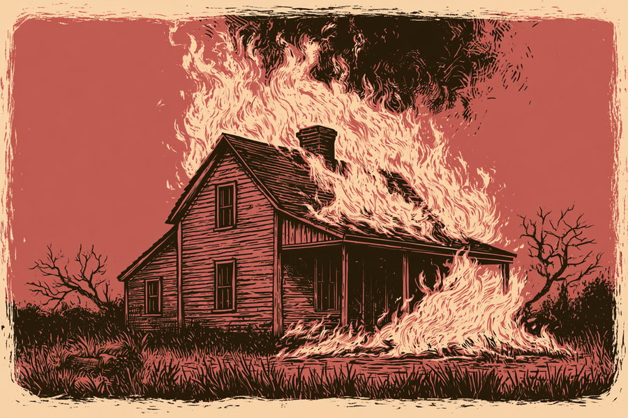 Detailed illustration of a wooden house burning with large flames, surrounded by tall grass and bare trees against a reddish sky