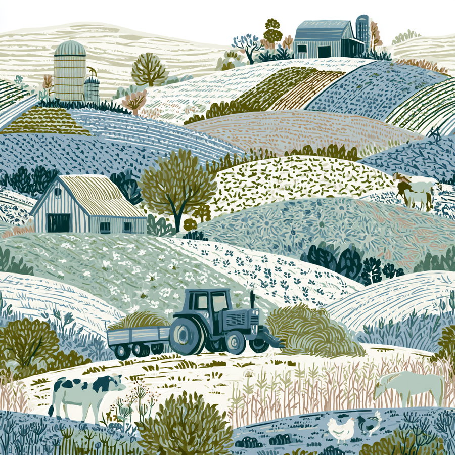 A detailed illustration of rolling farmland fields with patterned crops, trees, two barns, a tractor pulling a trailer filled with hay, cows, a horse, and chickens.