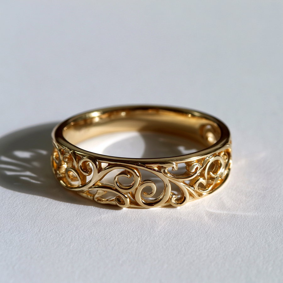 A gold ring with intricate swirling filigree patterns casting shadows on a white surface