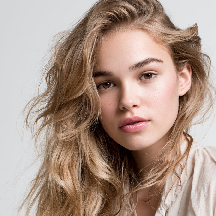 A close-up image of a young woman with light brown wavy hair, light skin, and subtle makeup looking directly at the camera against a plain light gray background