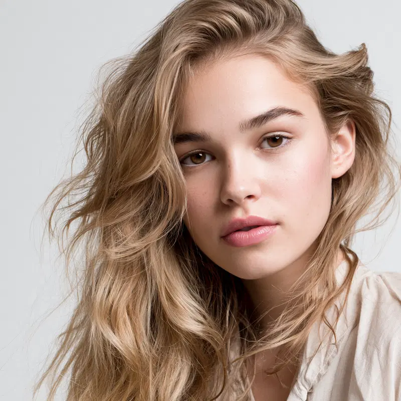 Close-up portrait of a young woman with wavy blonde hair and natural makeup