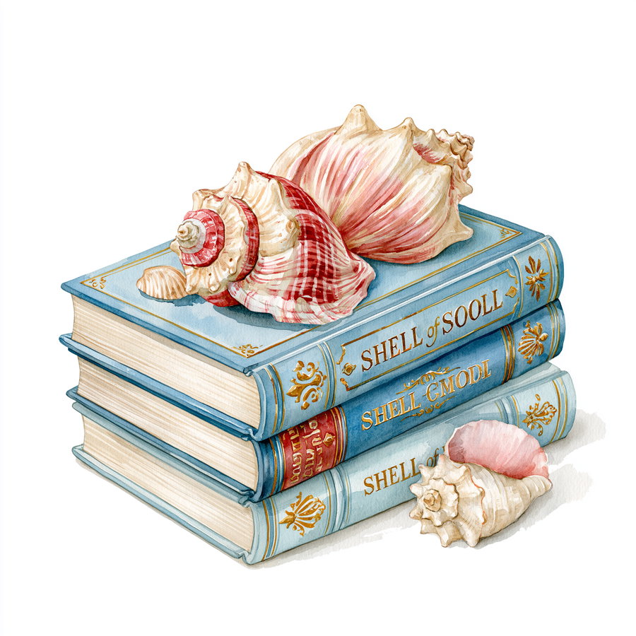 Three intricately detailed seashells placed on a stack of three blue hardcover books with gold embellishments and titles