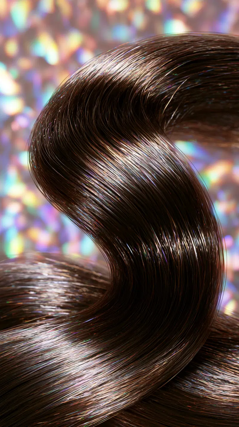 Detailed Close-Up of Shiny Brown Hair Strand with Colorful Bokeh Background