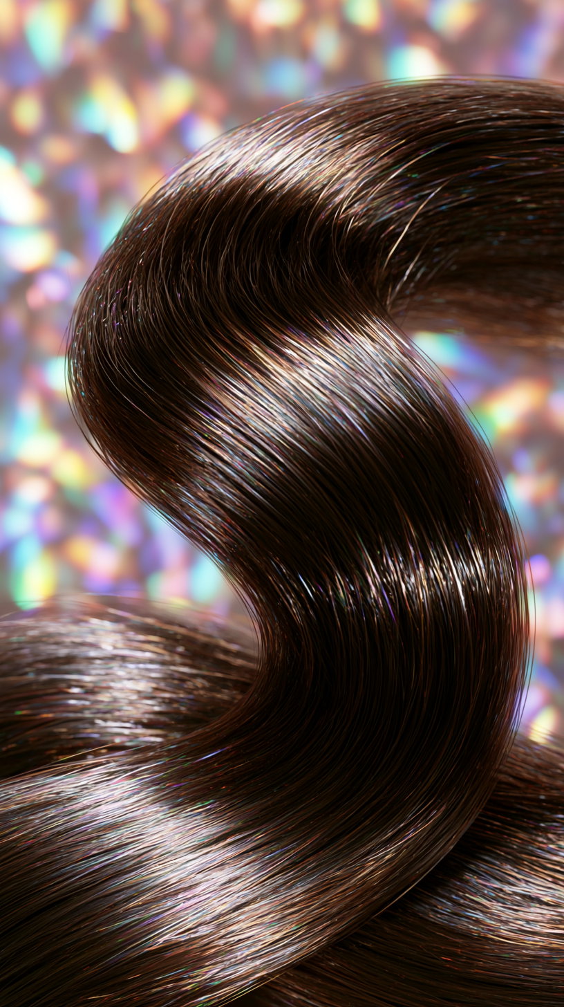 Close-up image of smooth, shiny brown hair strands intertwined with a colorful bokeh light background