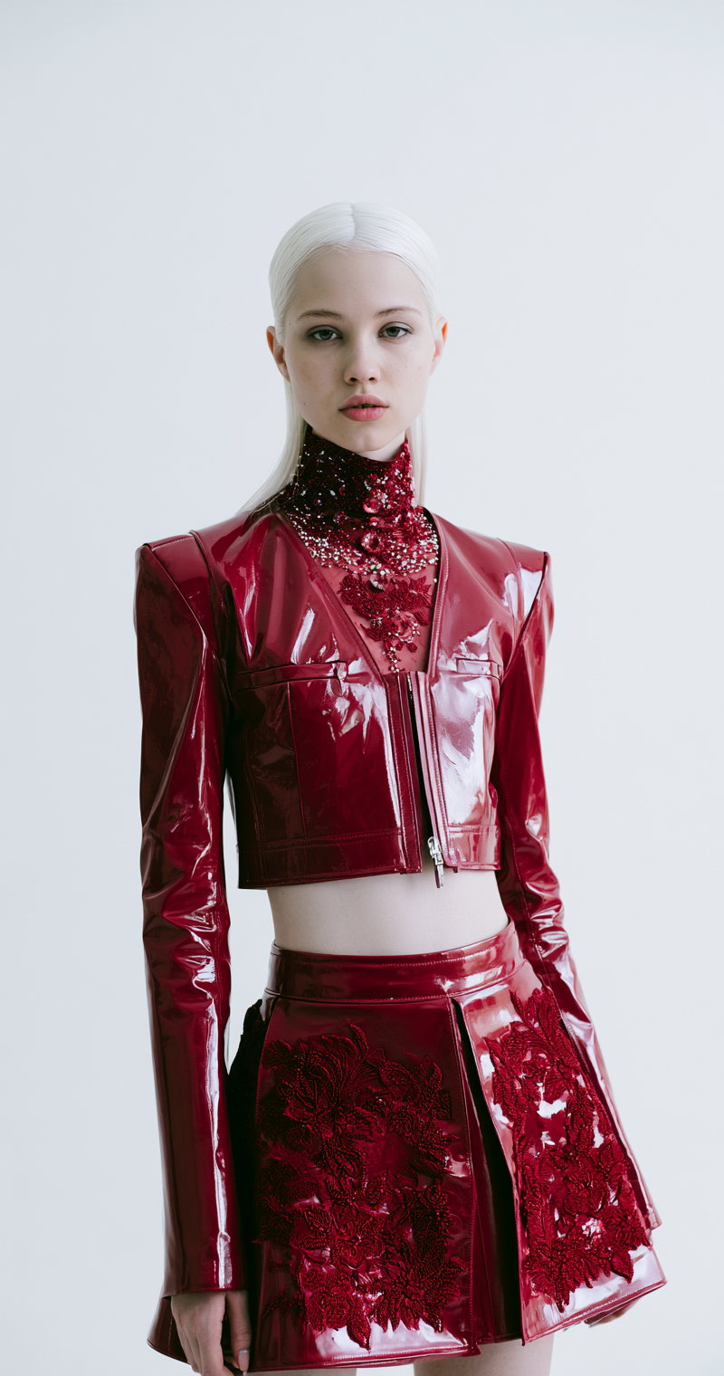 A young woman with platinum blonde hair wearing a glossy red leather cropped jacket and matching skirt with intricate red floral embroidery standing against a plain white background.
