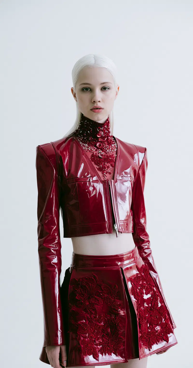 Fashion portrait of a model wearing a shiny red leather jacket and skirt