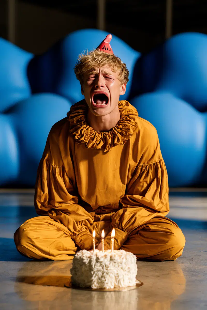 Emotional portrait of a young person in a mustard costume with birthday cake