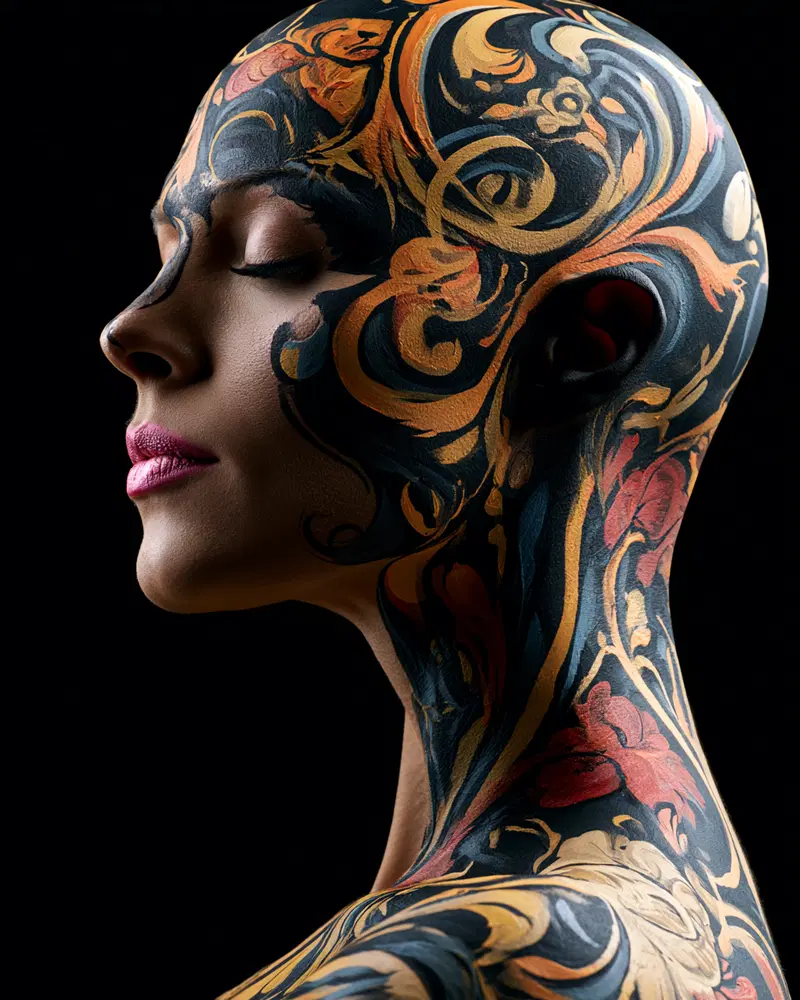 Profile of a bald woman with intricate ornamental body painting