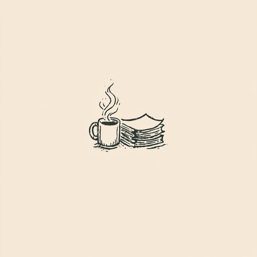 Simple black ink sketch on beige background showing a steaming coffee mug beside a pile of papers