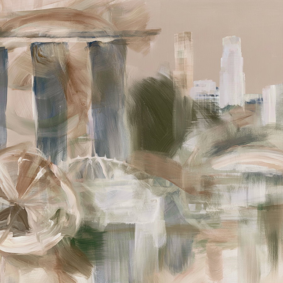 An abstract cityscape painting with blocks of beige, green, and blue colors creating building shapes and a large circular form resembling a Ferris wheel.