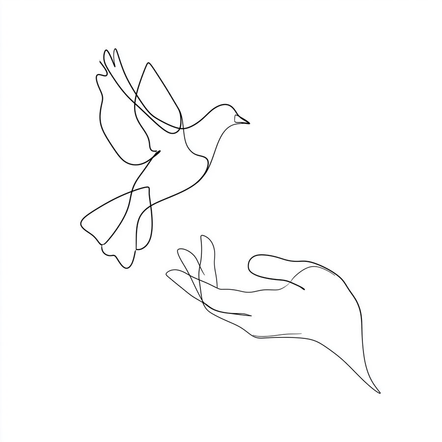 Black continuous line drawing depicting a hand with fingers extended and a bird flying upwards from the hand on a white background