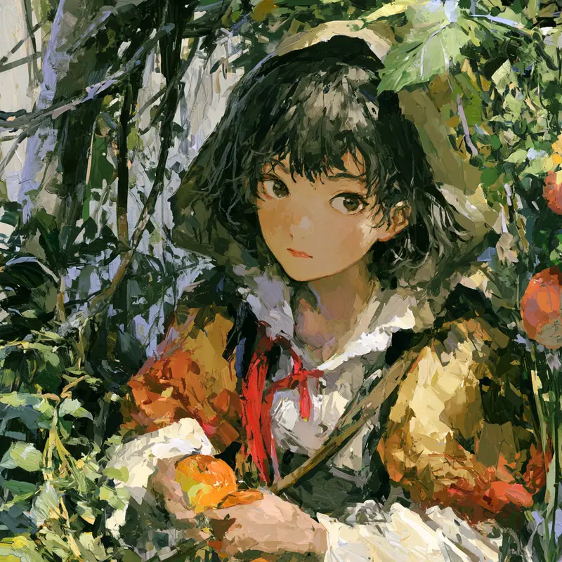 Acrylic painting of a girl in a garden picking oranges with rich texture