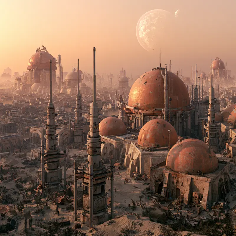 Futuristic desert cityscape with large domed buildings and towers under a distant planet
