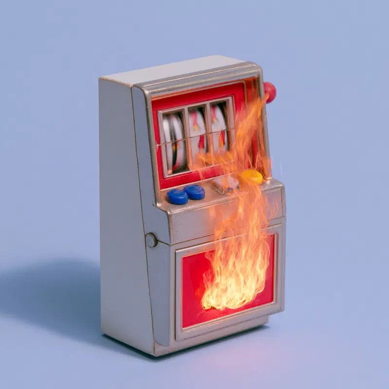 Miniature slot machine toy with fire flames on a blue background