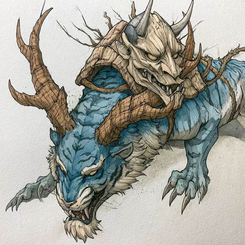 Detailed fantasy creature with blue fur and wooden antlers with a demon mask