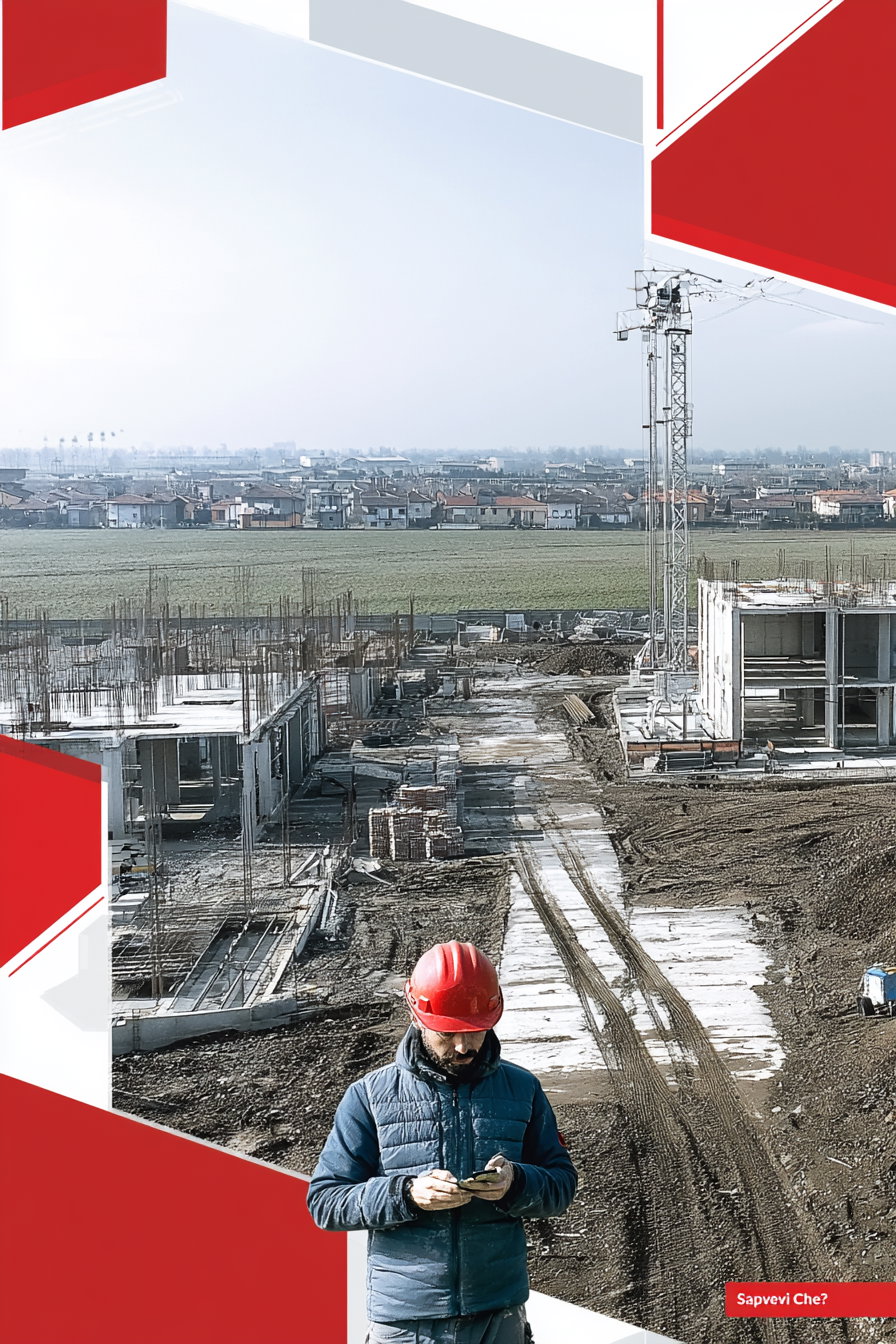 Construction site with partially built structures, dirt paths, and a worker in a red safety helmet and blue jacket looking at a phone