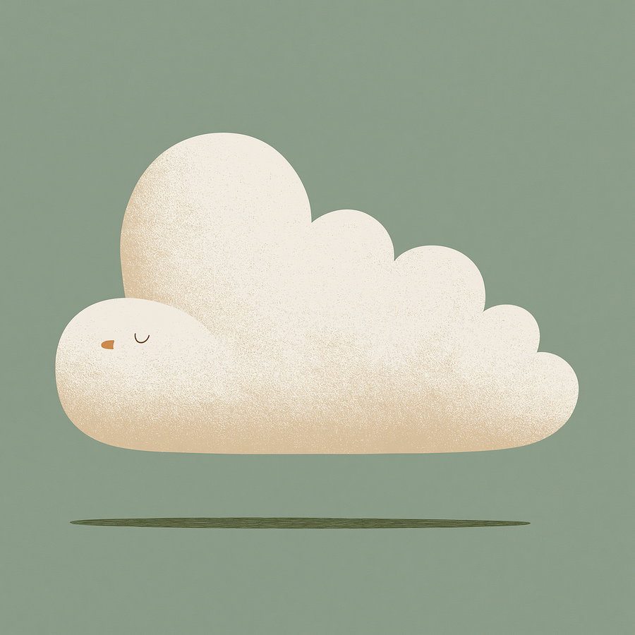 A digital illustration of a beige cloud with a closed eye and a small orange nose, floating above a shadow on a muted green background