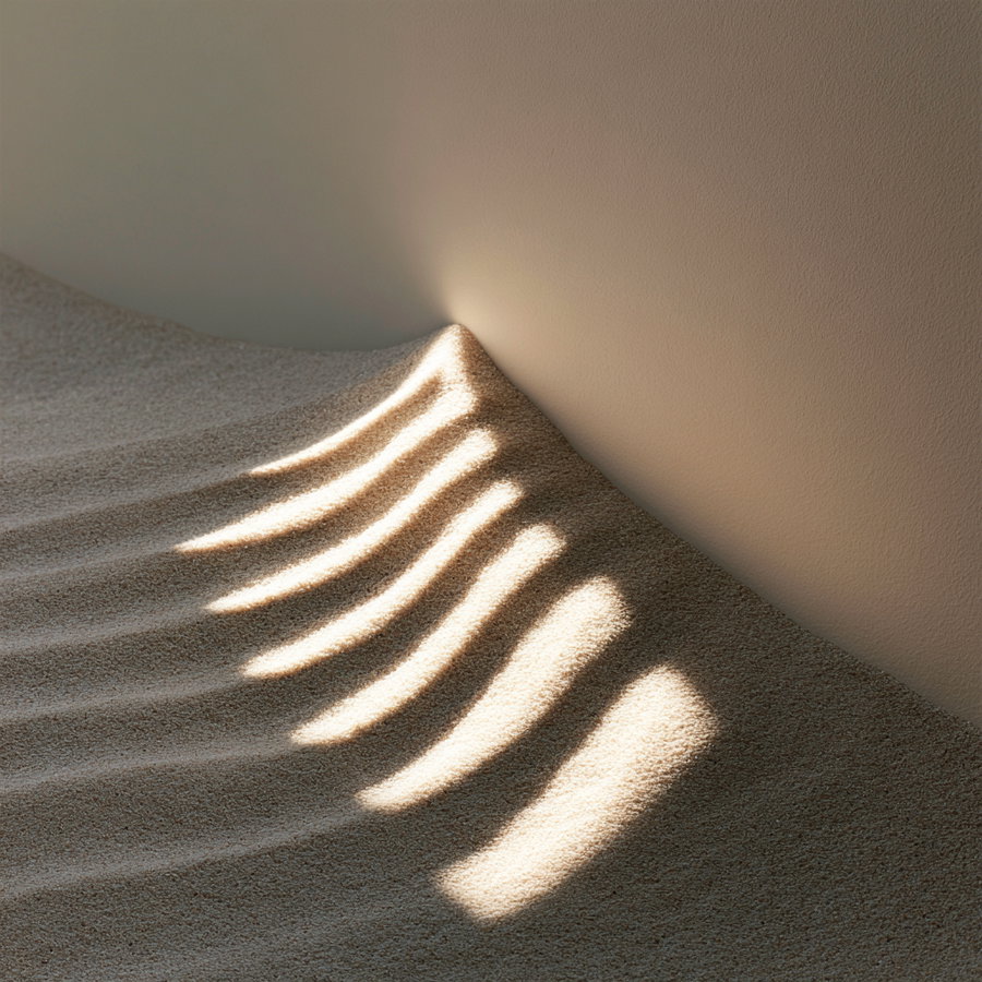 Sunlight casting abstract striped shadows on a textured, sand-like surface next to a smooth wall