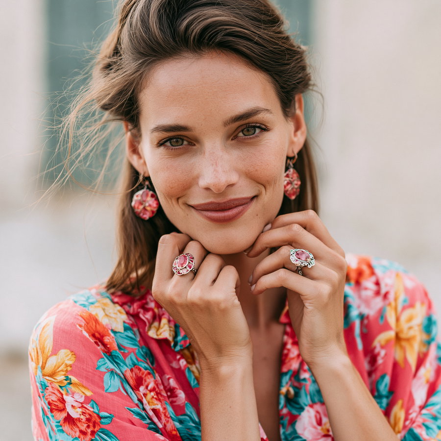Close-up photo of a smiling woman with brown hair wearing floral earrings, two decorative rings, and a vibrant floral-patterned blouse
