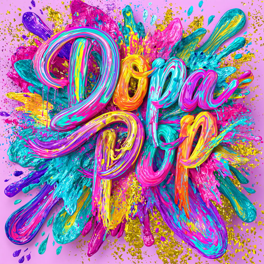 Vibrant 3D paint strokes forming the words 'Dope Pop' with colorful paint splashes and drips on a pink background
