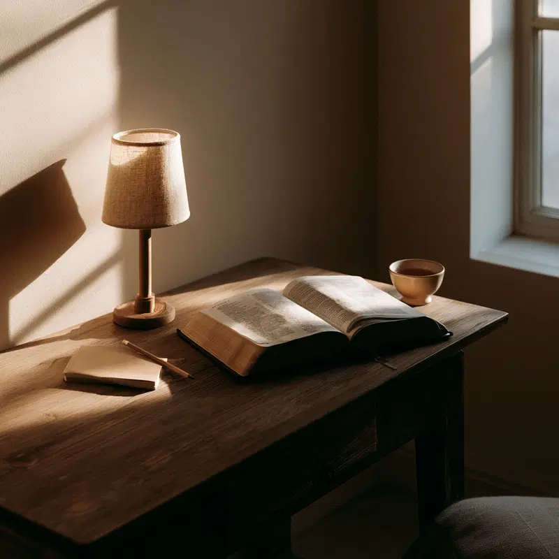 Cozy artist studio setup with an open book, lamp, and notes on wooden table