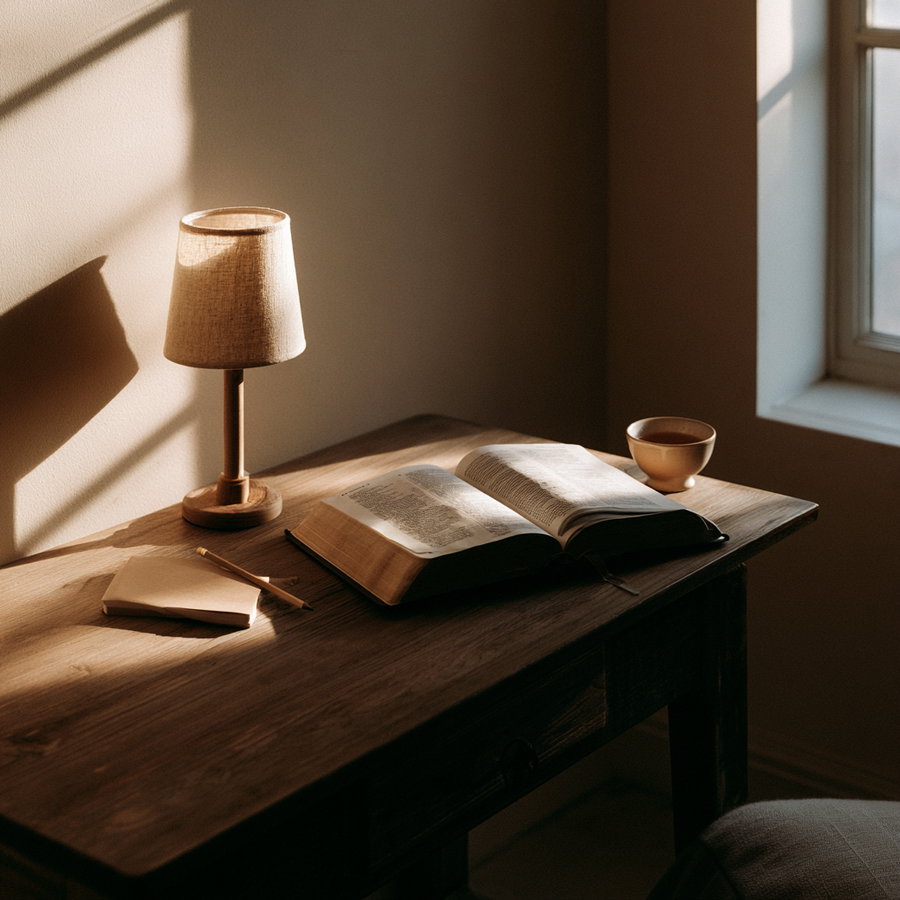 Wooden table with an open book, small lamp, closed notebook, pencil, and a teacup near a window in soft warm light