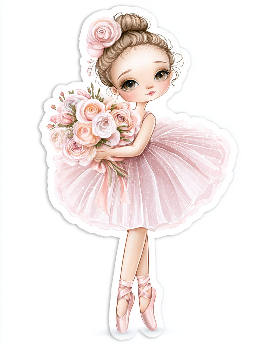 Digital illustration of a young ballerina girl in a pink tutu and pointe shoes, holding a large bouquet of pink roses with a flower in her hair