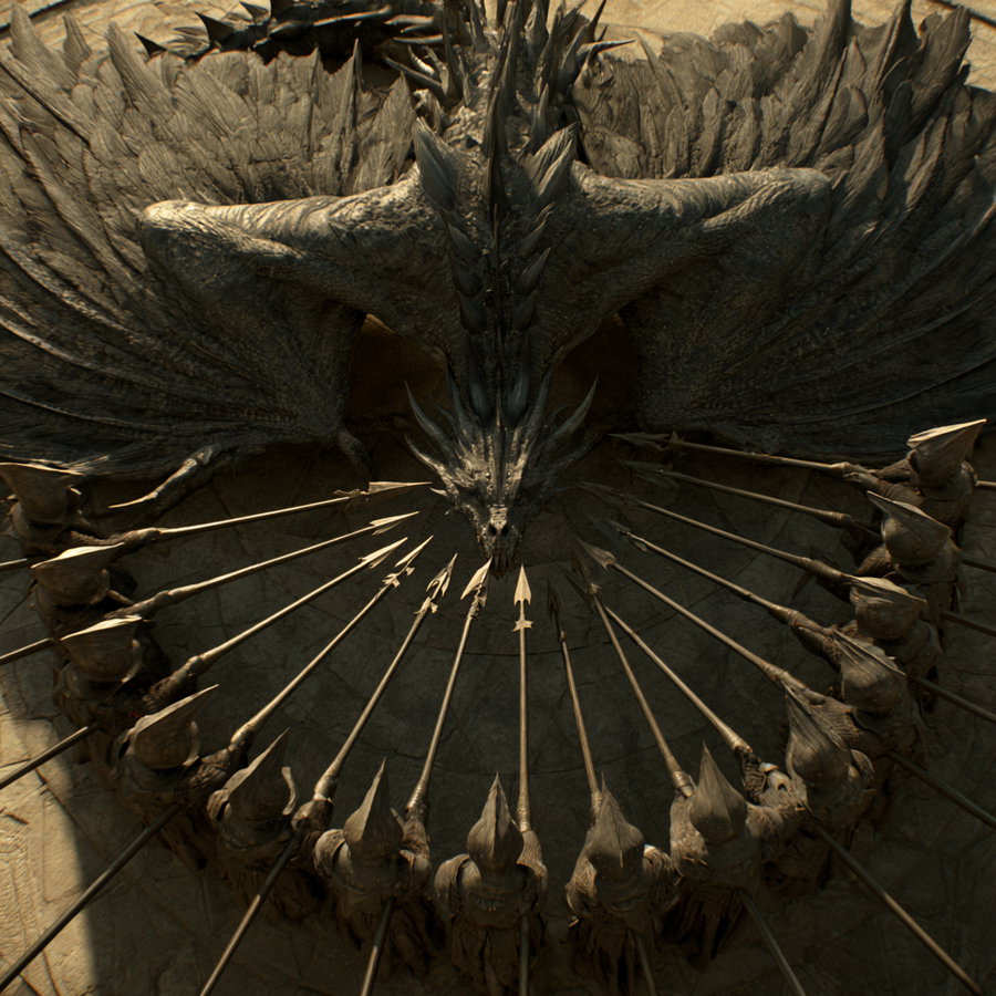 Top view of a large dragon surrounded by armored soldiers holding long spears pointed at the dragon