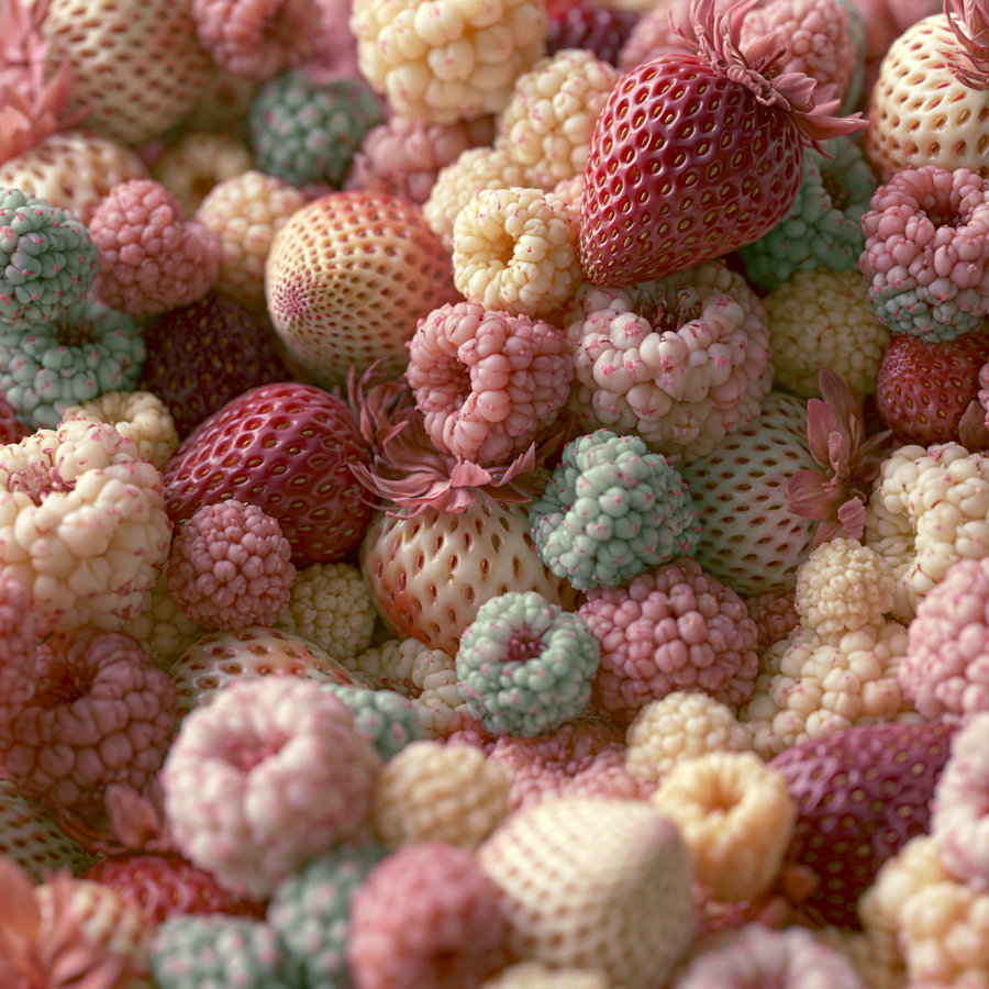 Close-up image of assorted berries in soft pastel colors including shades of pink, cream, and green.