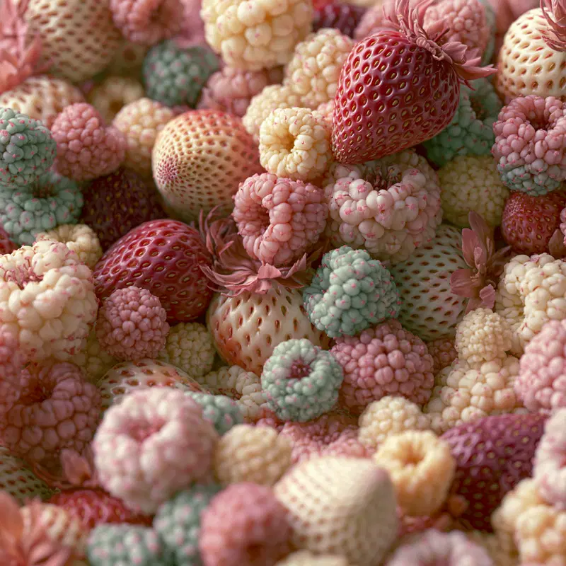 Detailed and colorful botanical illustration of various berries in pastel tones