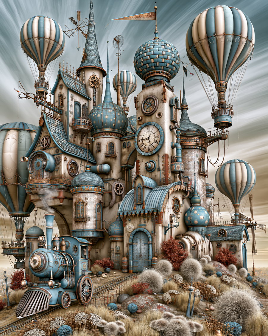 A fantasy village with whimsical towers, ornate blue tiled roofs, a vintage clock tower, several blue and white striped hot air balloons floating nearby, and a small blue steam train on the tracks surrounded by dry bushes and flowers.