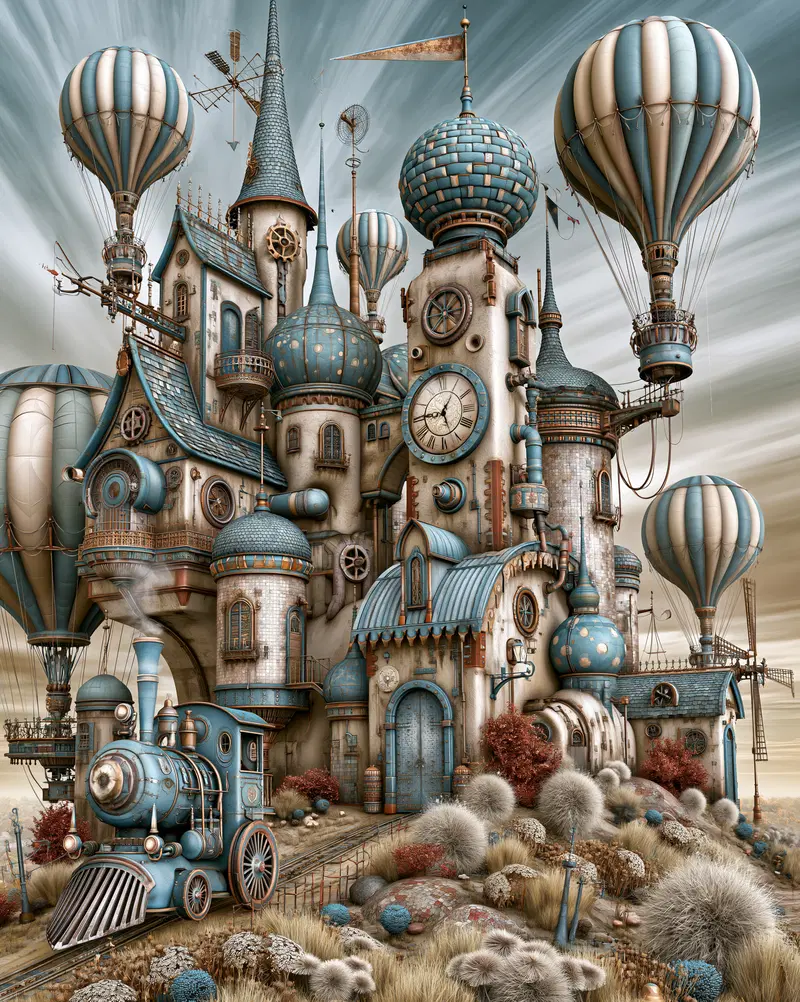 Surreal fantasy town with hot air balloons and a vintage train on tracks