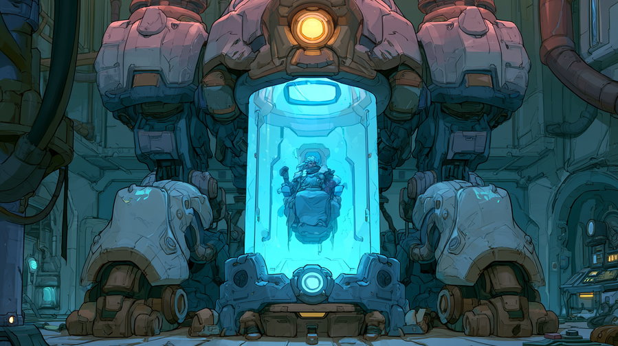 An industrial lab scene depicting a seated figure inside a large cylindrical blue pod surrounded by robotic mechanical legs and detailed machinery in a sci-fi style
