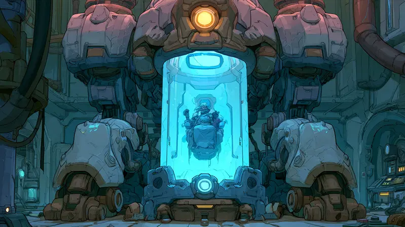 Futuristic mechanical chamber with a figure suspended in a glowing blue pod