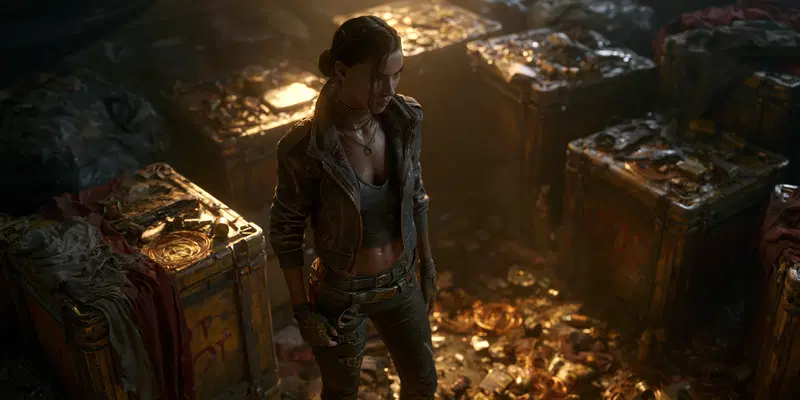 Detailed concept art of a female character standing among crates with gold coins