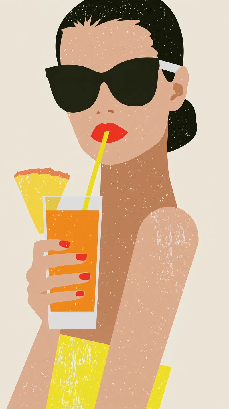 Stylized fashion illustration of a woman with sunglasses drinking orange juice