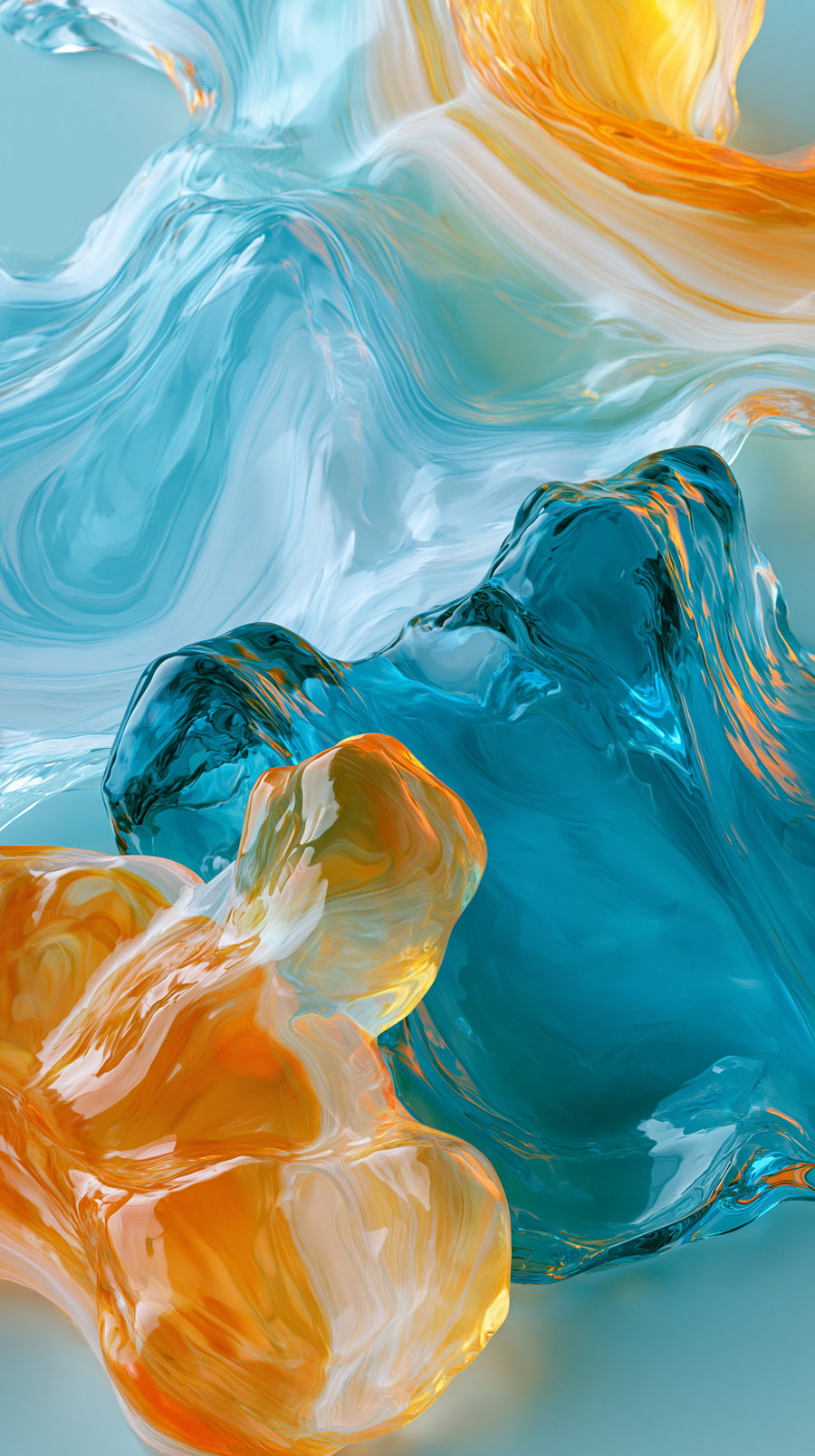 Abstract digital artwork featuring flowing, irregular shapes in bright blue and orange hues blending and swirling on a smooth background